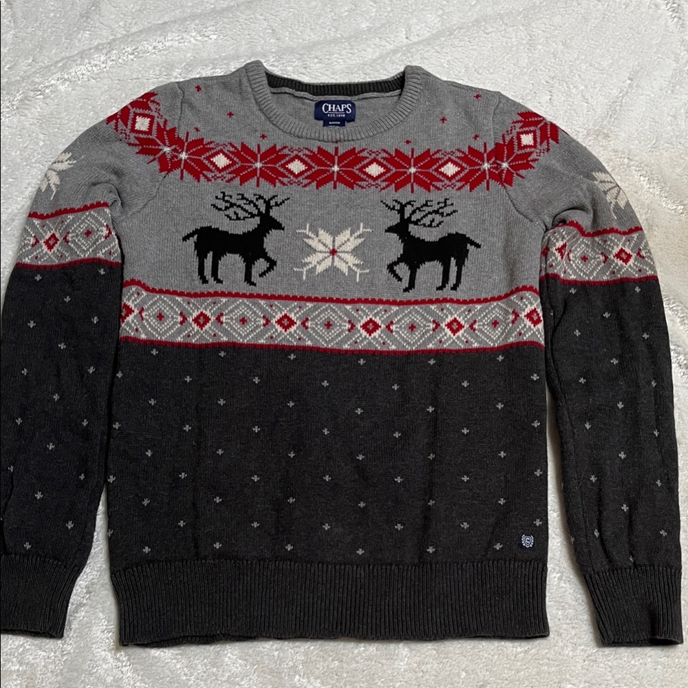 Chaps Gray and Black Reindeer Crewneck Sweater